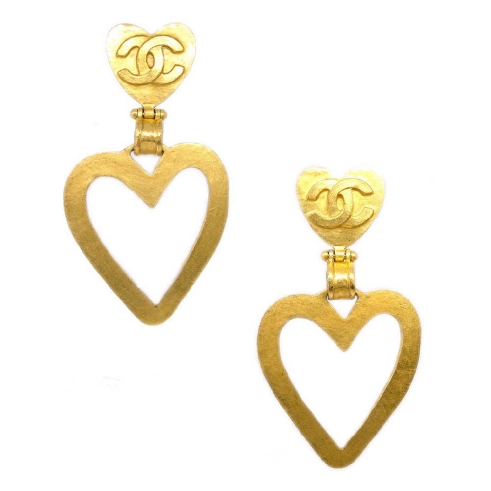 Chanel | Double Heart Dangle Earrings Gold Plated
